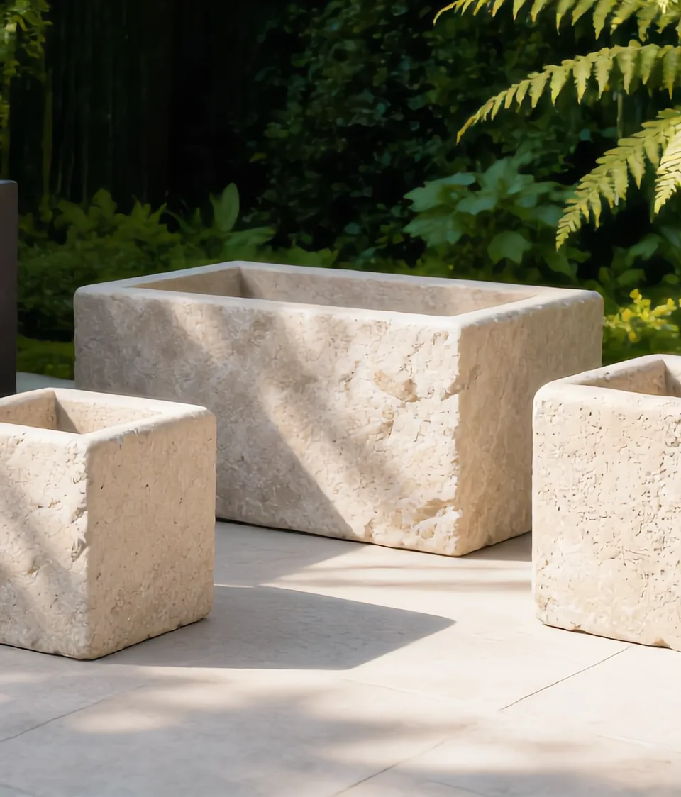 Jardinière en travertin massif au jardin, entourée de deux petits pots